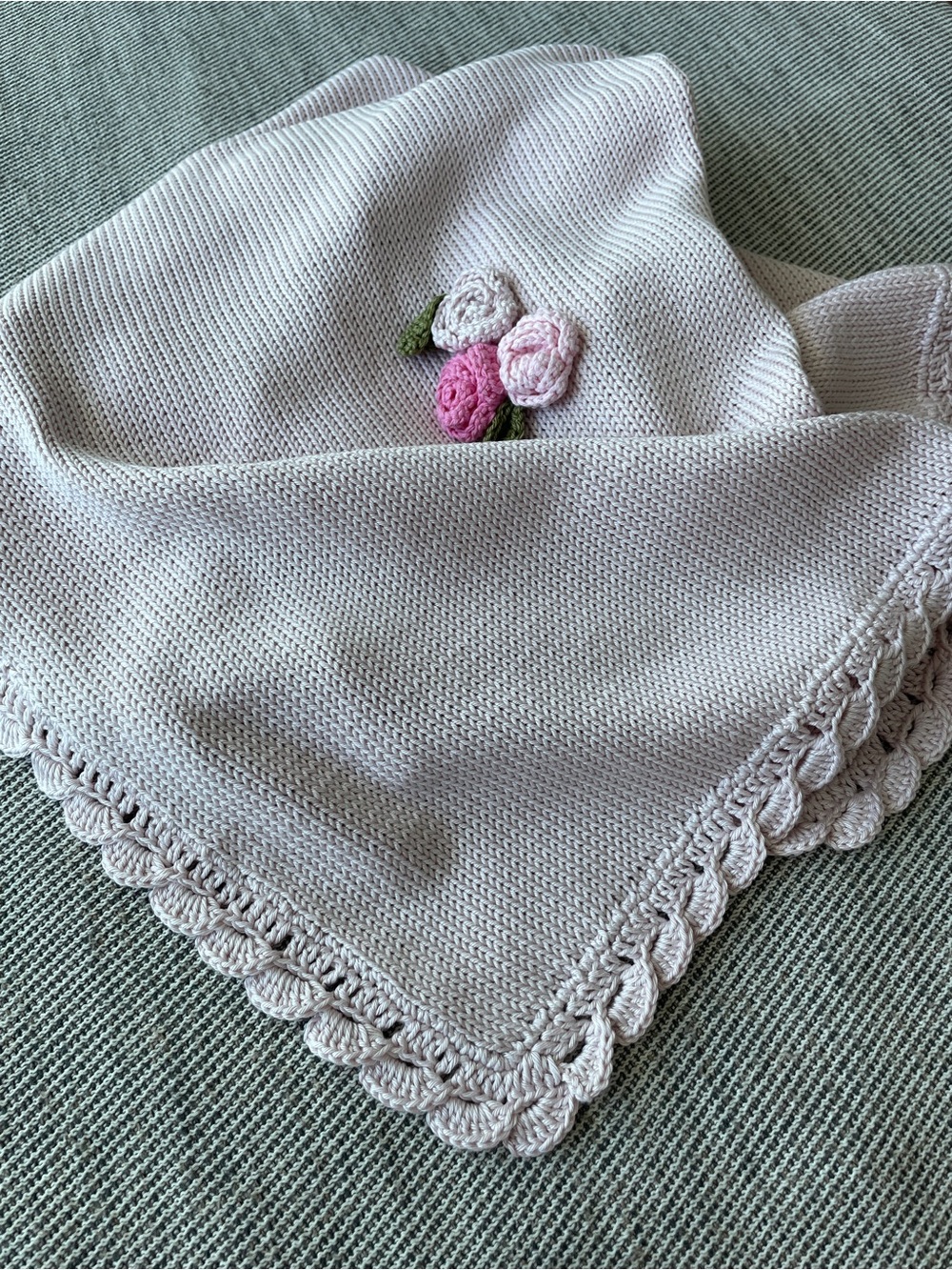 Hand-Knit Light Pink Baby Blanket with Crocheted Rose Accents - Made in Italy